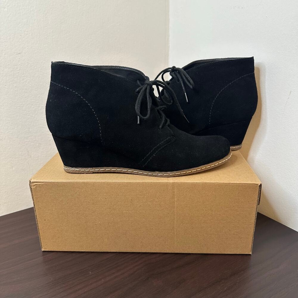 Franco Sarto Achen Black Suede Oxford Round Toe Lace-Up Wedge Bootie, Size 8.5
